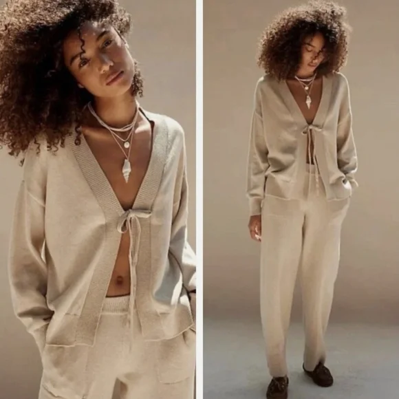 Free People Solar Sweater Set In "Sand Dollar" Beach Lounge Cardigan Pants XL FP - Picture 2 of 14